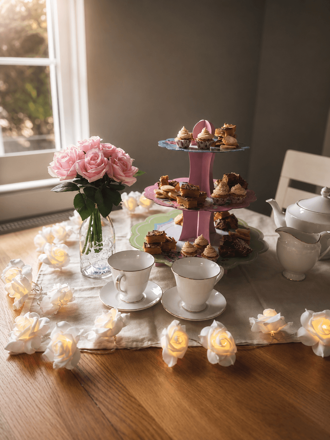 A full afternoon tea spread with a tiered cake stand and tea set at Crookedstone House