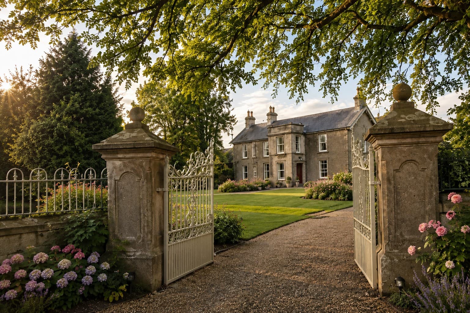 The entrance gates and driveway leading up to Crookedstone House